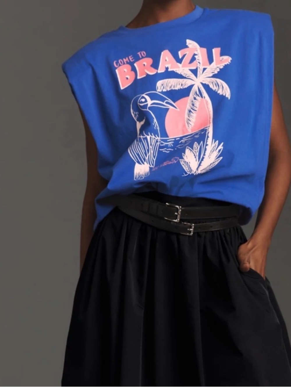 FARM Rio Blue Graphic Muscle Tee with Pink Print